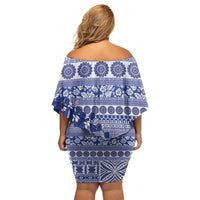 Fiji Marau na Kerisimasi Off Shoulder Short Dress Blue Tagimoucia Tapa Masi Tribal - Polynesian Pride