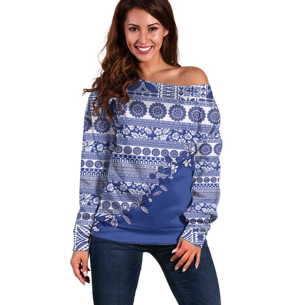 Fiji Marau na Kerisimasi Off Shoulder Sweater Blue Tagimoucia Tapa Masi Tribal LT9 Women Blue - Polynesian Pride