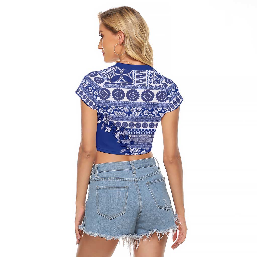 Fiji Marau na Kerisimasi Raglan Cropped T Shirt Blue Tagimoucia Tapa Masi Tribal - Polynesian Pride