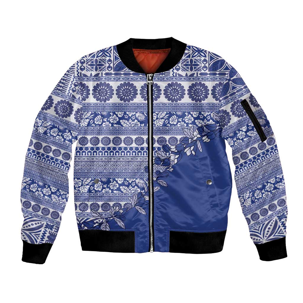 Fiji Marau na Kerisimasi Sleeve Zip Bomber Jacket Blue Tagimoucia Tapa Masi Tribal LT9 Unisex Blue - Polynesian Pride