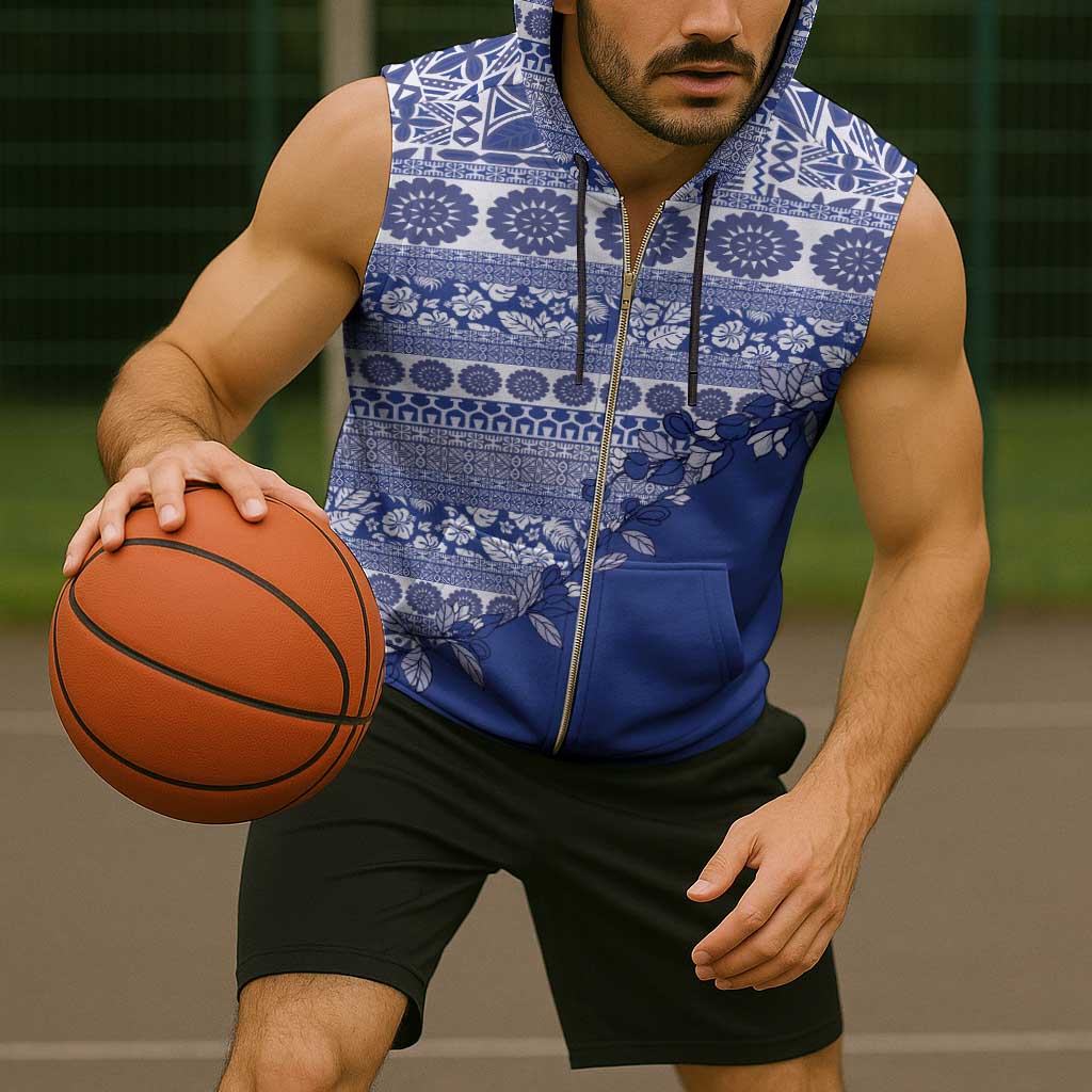 Fiji Marau na Kerisimasi Sleeveless Zip Hoodie Blue Tagimoucia Tapa Masi Tribal - Polynesian Pride
