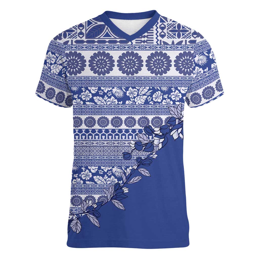 Fiji Marau na Kerisimasi Women V-Neck T-Shirt Blue Tagimoucia Tapa Masi Tribal LT9 Female Blue - Polynesian Pride
