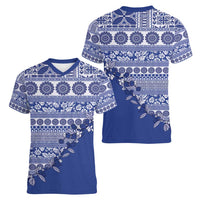 Fiji Marau na Kerisimasi Women V-Neck T-Shirt Blue Tagimoucia Tapa Masi Tribal - Polynesian Pride
