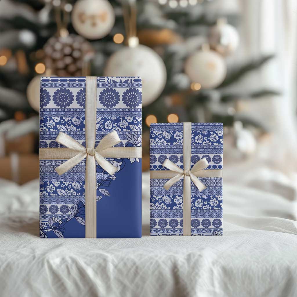 Fiji Marau na Kerisimasi Wrapping Paper Blue Tagimoucia Tapa Masi Tribal - Polynesian Pride
