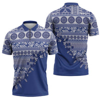 Fiji Marau na Kerisimasi Zipper Polo Shirt Blue Tagimoucia Tapa Masi Tribal - Polynesian Pride