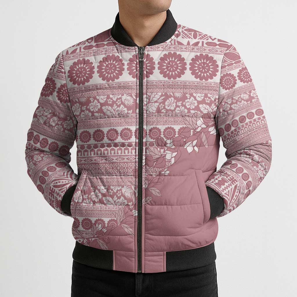 Fiji Marau na Kerisimasi Bomber Puffer Jacket Dusty Rose Tagimoucia Tapa Masi Tribal - Polynesian Pride