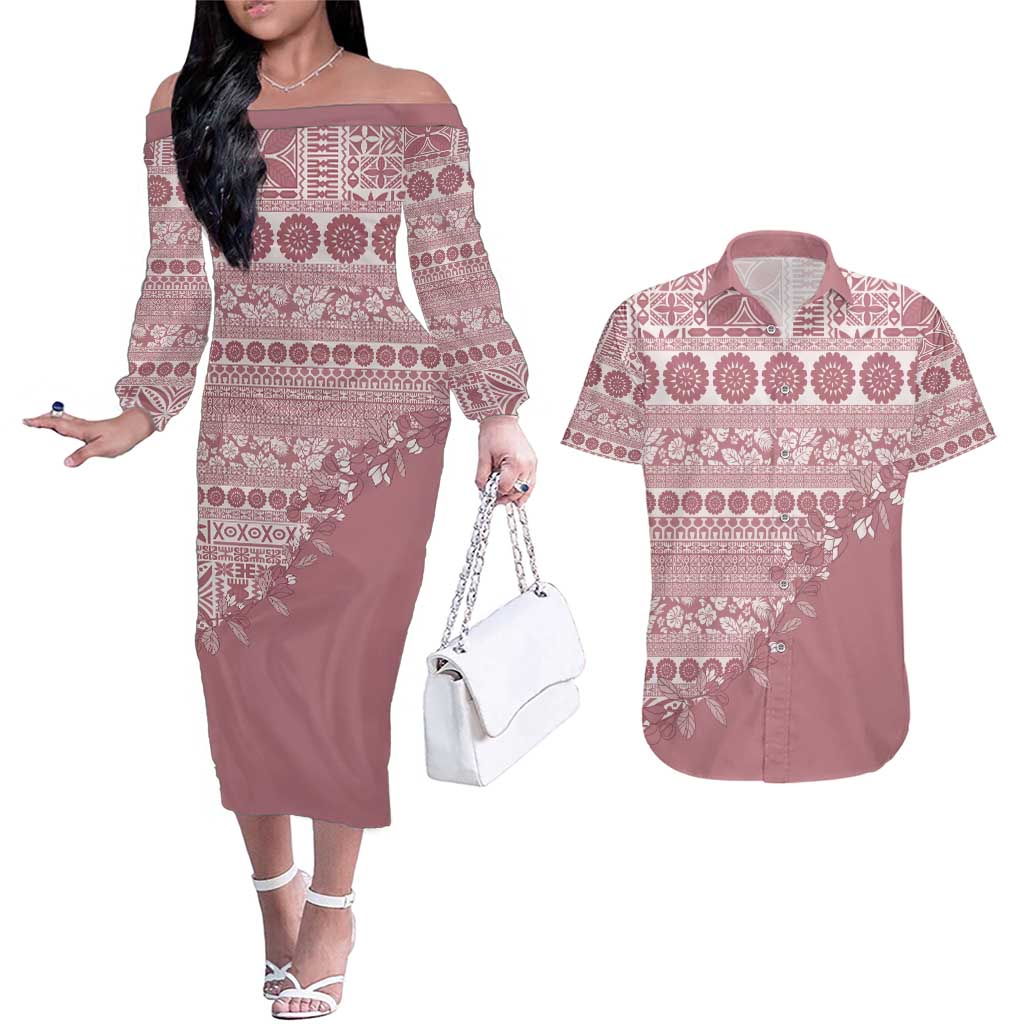 Fiji Marau na Kerisimasi Couples Matching Off The Shoulder Long Sleeve Dress and Hawaiian Shirt Dusty Rose Tagimoucia Tapa Masi Tribal - Polynesian Pride