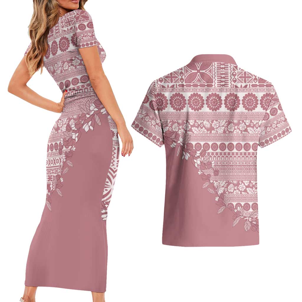 Fiji Marau na Kerisimasi Couples Matching Short Sleeve Bodycon Dress and Hawaiian Shirt Dusty Rose Tagimoucia Tapa Masi Tribal - Polynesian Pride