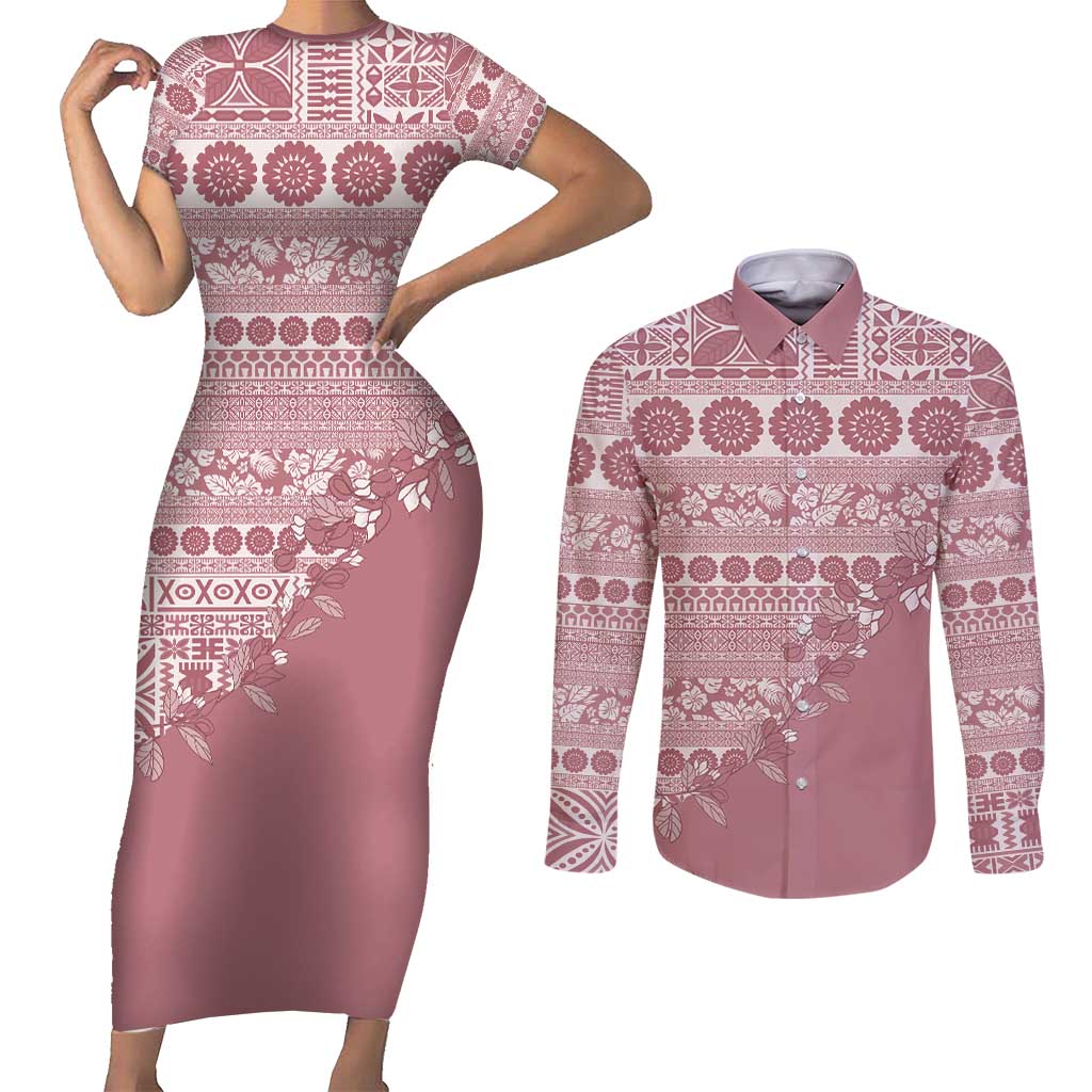 Fiji Marau na Kerisimasi Couples Matching Short Sleeve Bodycon Dress and Long Sleeve Button Shirt Dusty Rose Tagimoucia Tapa Masi Tribal - Polynesian Pride