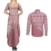 Fiji Marau na Kerisimasi Couples Matching Summer Maxi Dress and Long Sleeve Button Shirt Dusty Rose Tagimoucia Tapa Masi Tribal - Polynesian Pride
