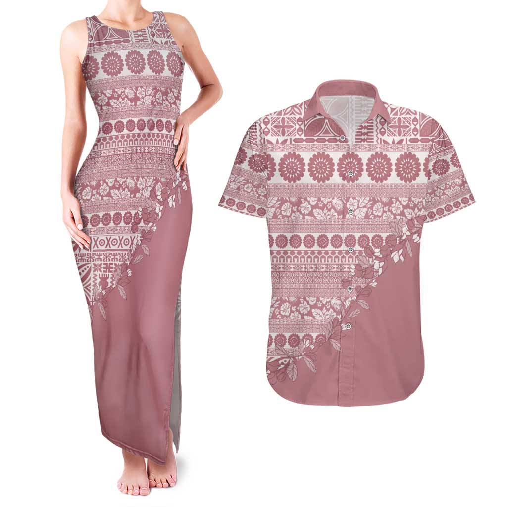 Fiji Marau na Kerisimasi Couples Matching Tank Maxi Dress and Hawaiian Shirt Dusty Rose Tagimoucia Tapa Masi Tribal - Polynesian Pride