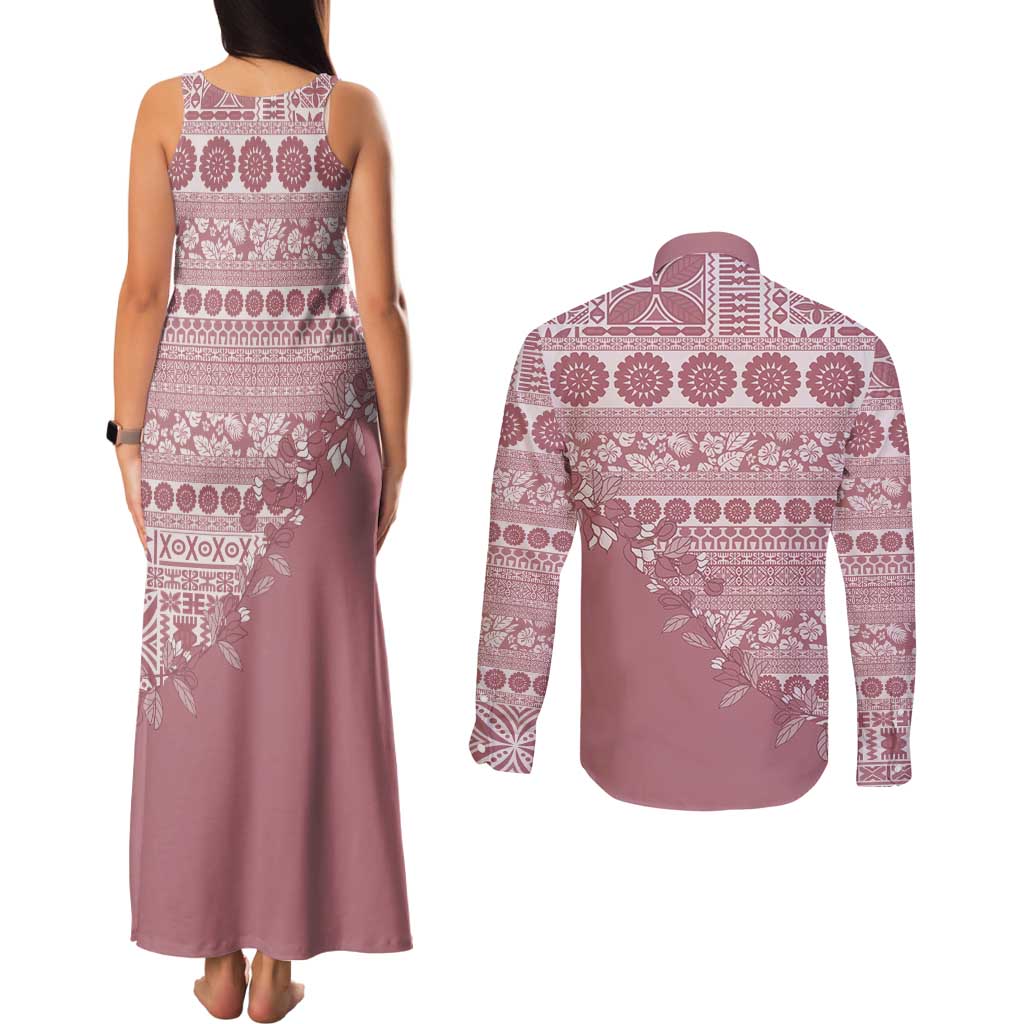 Fiji Marau na Kerisimasi Couples Matching Tank Maxi Dress and Long Sleeve Button Shirt Dusty Rose Tagimoucia Tapa Masi Tribal - Polynesian Pride