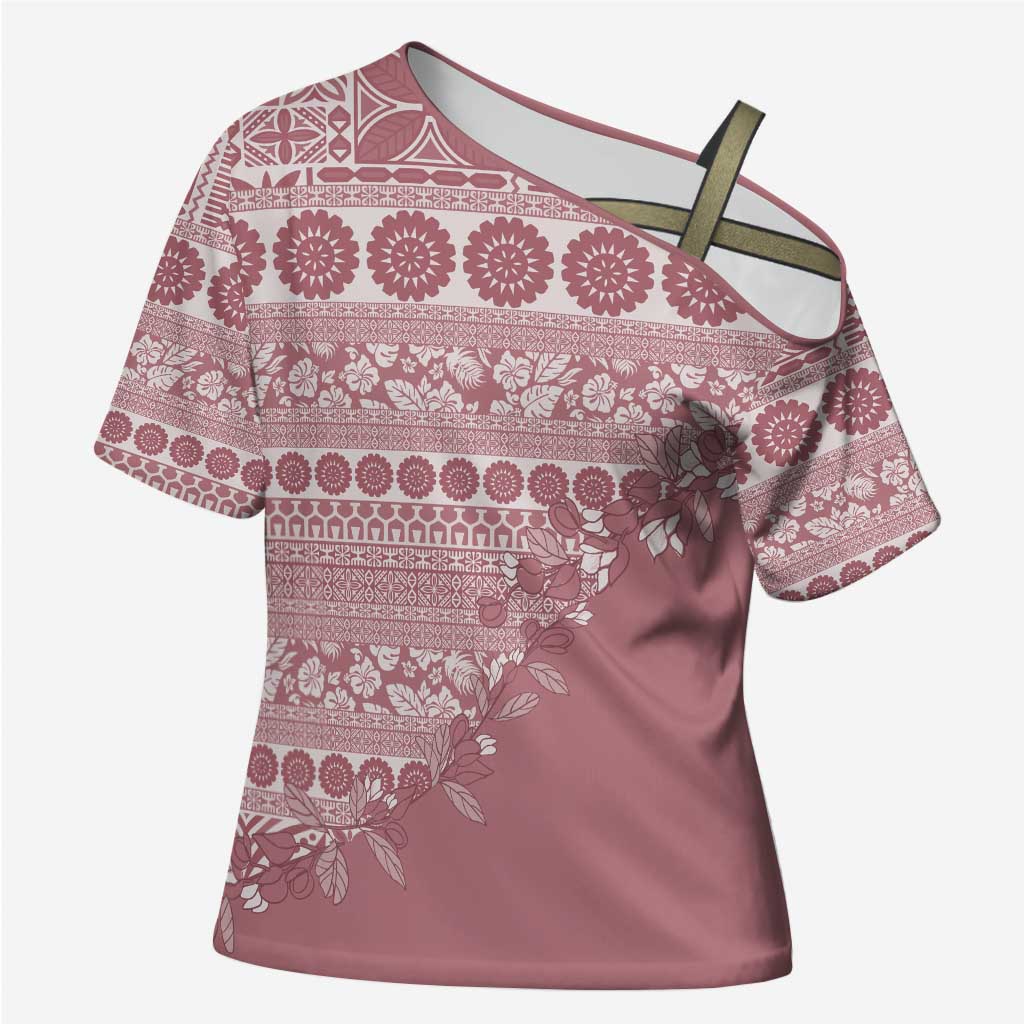 Fiji Marau na Kerisimasi Cross Shoulder Shirt Dusty Rose Tagimoucia Tapa Masi Tribal - Polynesian Pride
