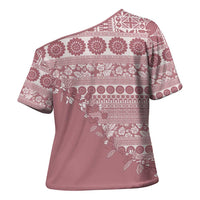 Fiji Marau na Kerisimasi Cross Shoulder Shirt Dusty Rose Tagimoucia Tapa Masi Tribal - Polynesian Pride