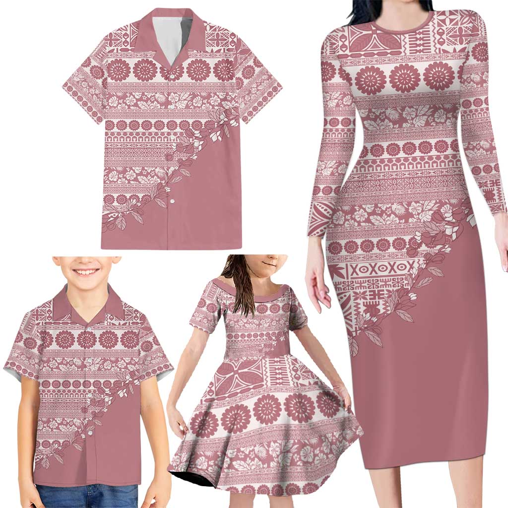 Fiji Marau na Kerisimasi Family Matching Long Sleeve Bodycon Dress and Hawaiian Shirt Dusty Rose Tagimoucia Tapa Masi Tribal - Polynesian Pride