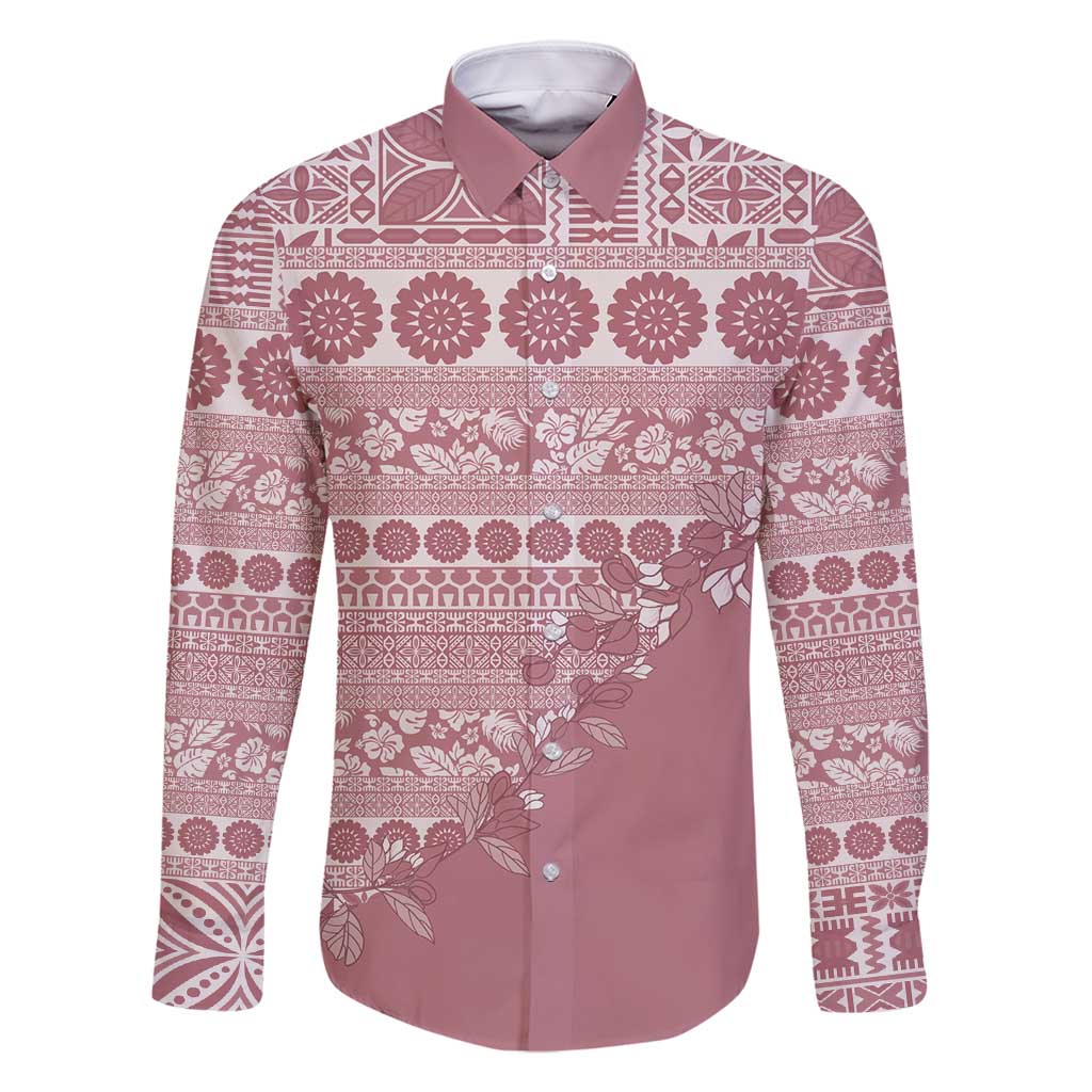 Fiji Marau na Kerisimasi Family Matching Long Sleeve Bodycon Dress and Hawaiian Shirt Dusty Rose Tagimoucia Tapa Masi Tribal - Polynesian Pride