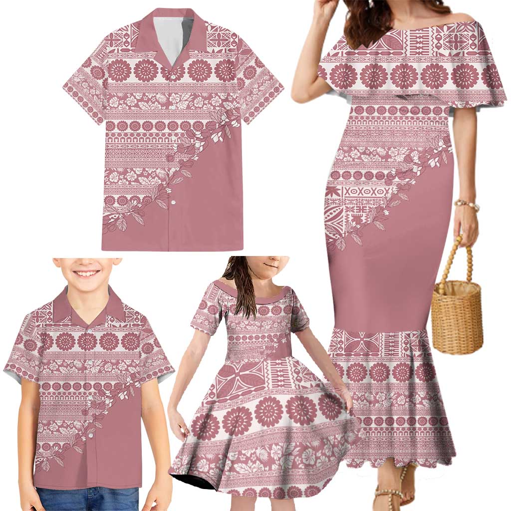 Fiji Marau na Kerisimasi Family Matching Mermaid Dress and Hawaiian Shirt Dusty Rose Tagimoucia Tapa Masi Tribal - Polynesian Pride
