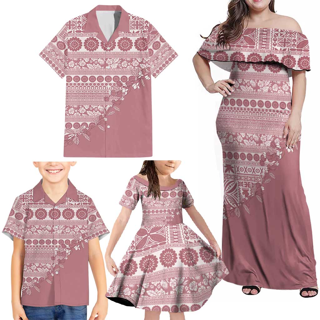 Fiji Marau na Kerisimasi Family Matching Off Shoulder Maxi Dress and Hawaiian Shirt Dusty Rose Tagimoucia Tapa Masi Tribal - Polynesian Pride