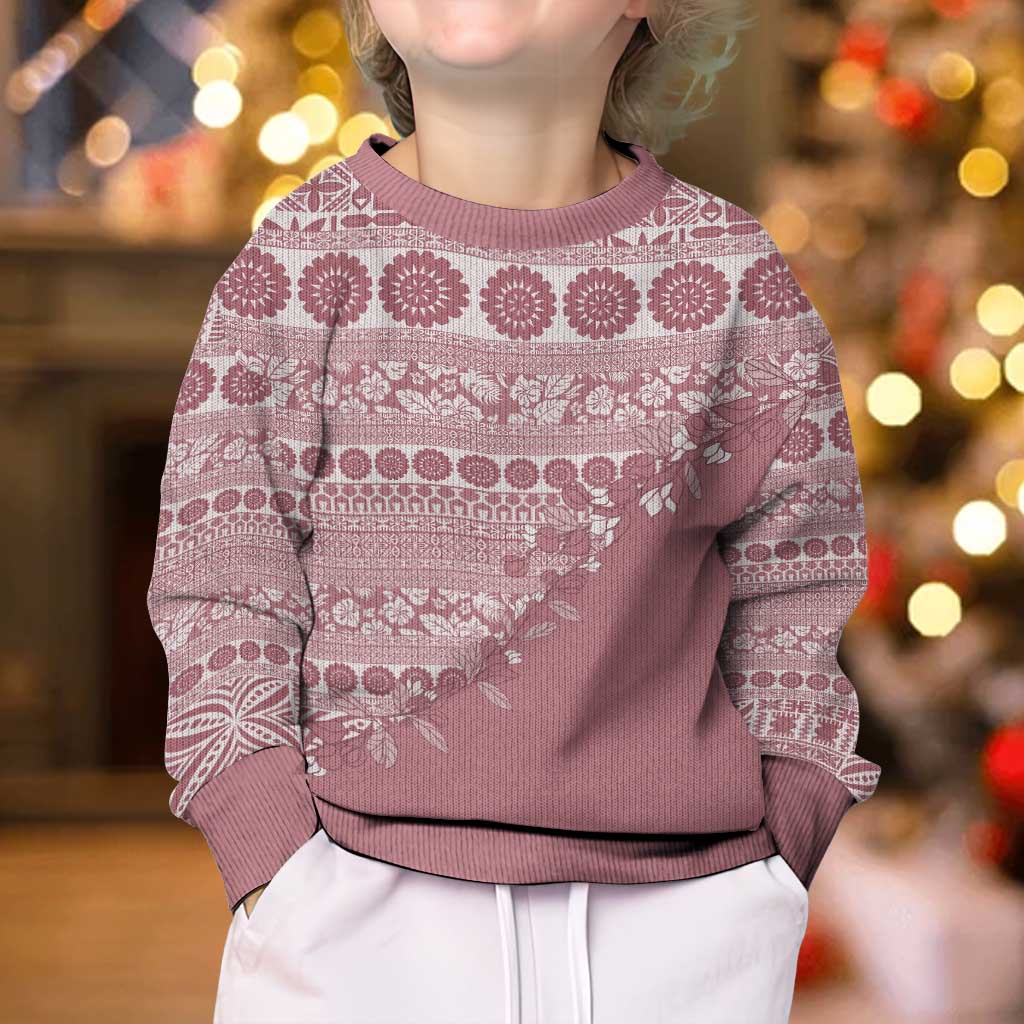 Fiji Marau na Kerisimasi Kid Ugly Christmas Sweater Dusty Rose Tagimoucia Tapa Masi Tribal - Polynesian Pride
