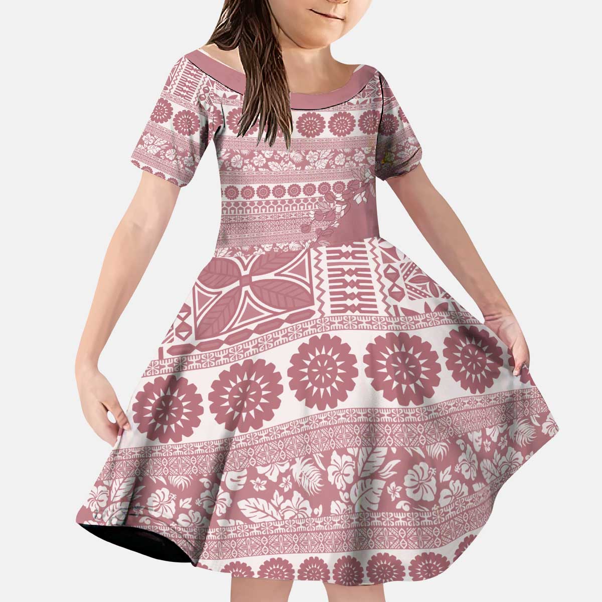 Fiji Marau na Kerisimasi Kid Short Sleeve Dress Dusty Rose Tagimoucia Tapa Masi Tribal - Polynesian Pride
