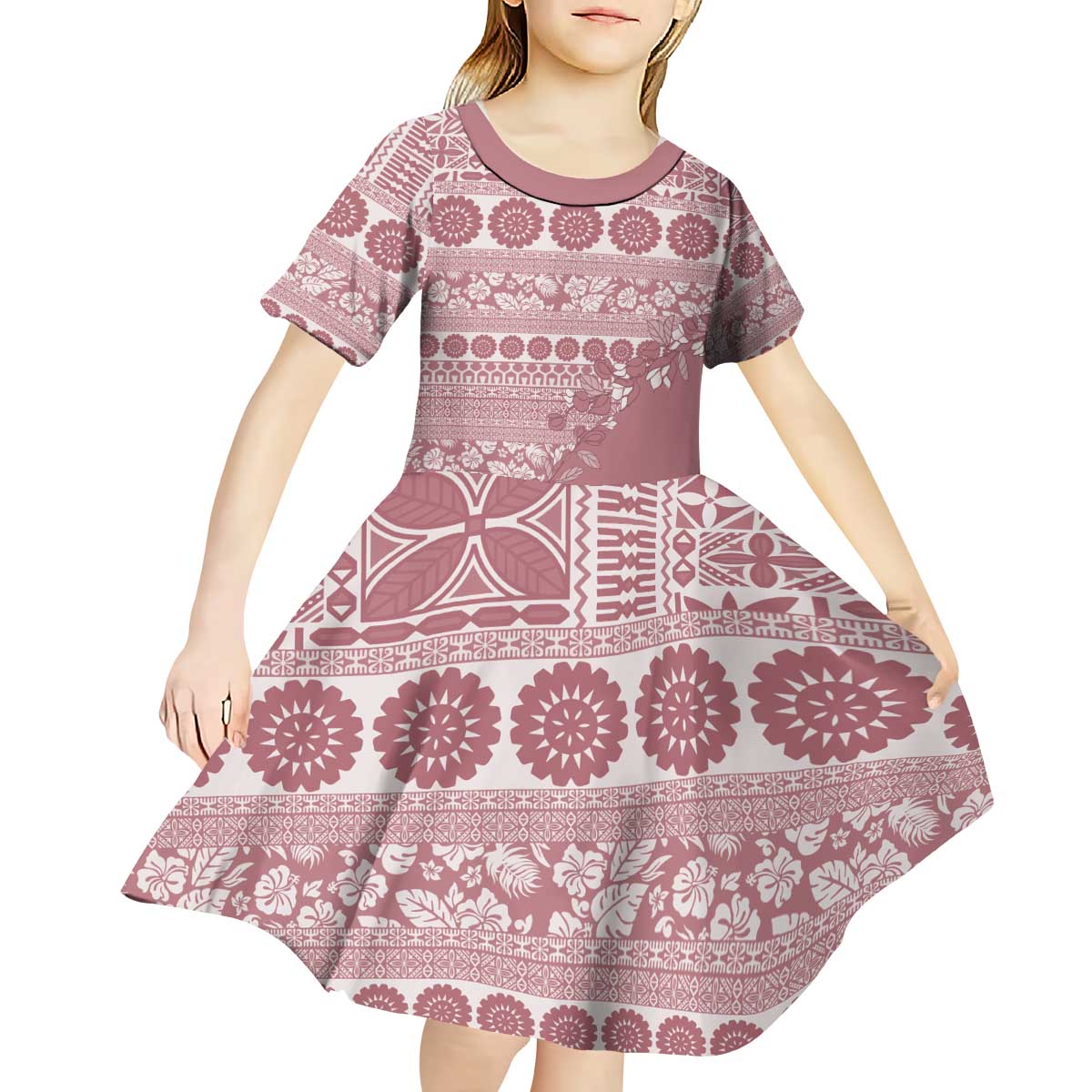Fiji Marau na Kerisimasi Kid Short Sleeve Dress Dusty Rose Tagimoucia Tapa Masi Tribal - Polynesian Pride
