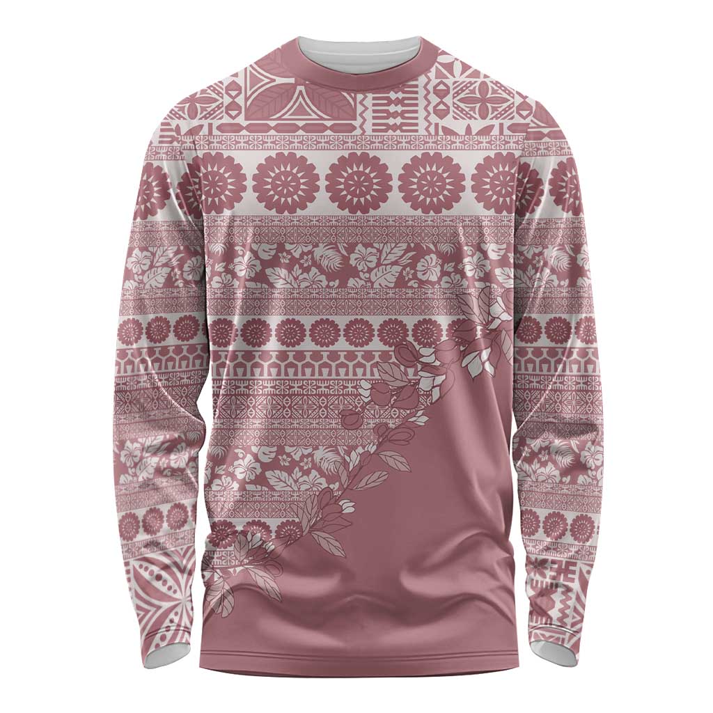 Fiji Marau na Kerisimasi Long Sleeve Shirt Dusty Rose Tagimoucia Tapa Masi Tribal - Polynesian Pride