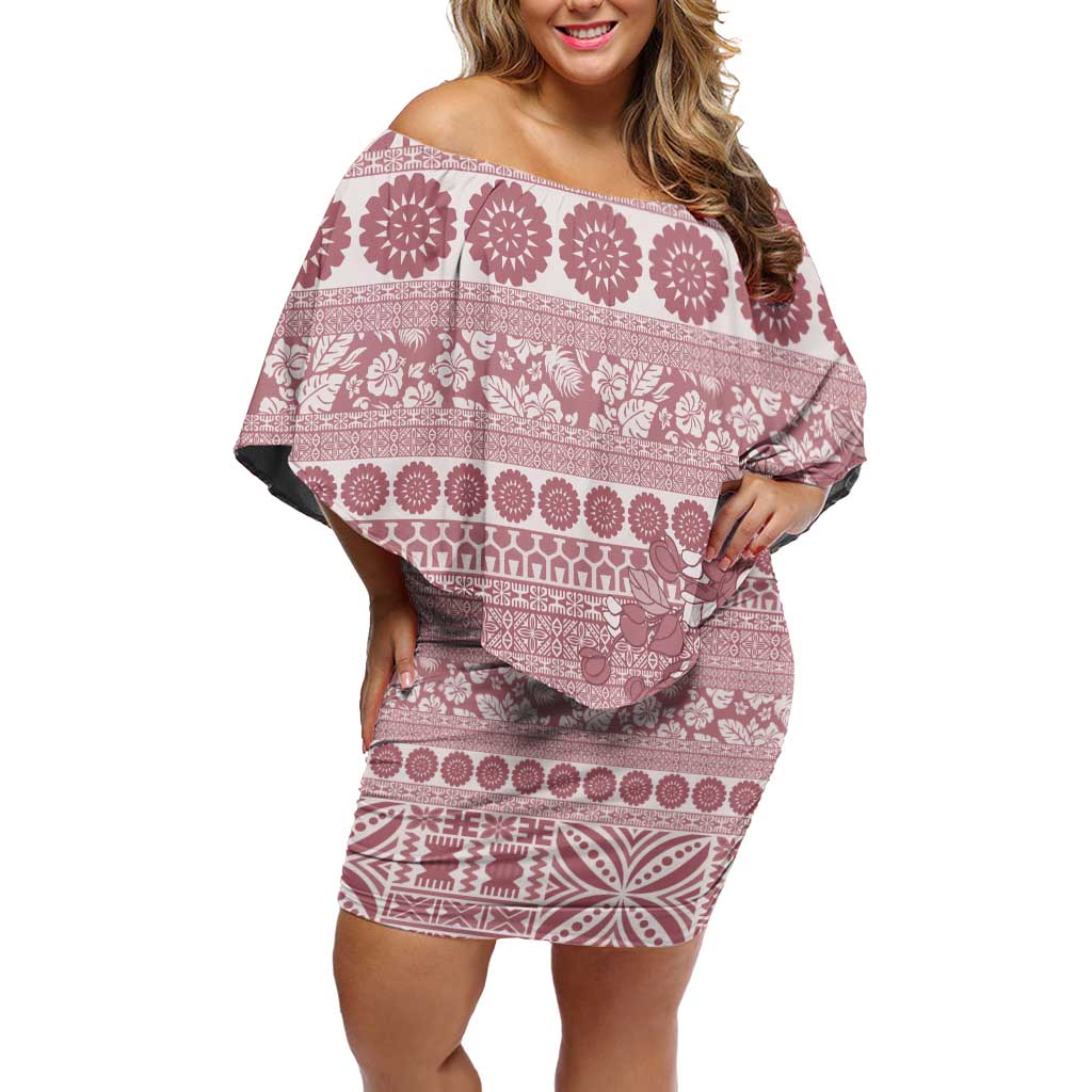 Fiji Marau na Kerisimasi Off Shoulder Short Dress Dusty Rose Tagimoucia Tapa Masi Tribal - Polynesian Pride