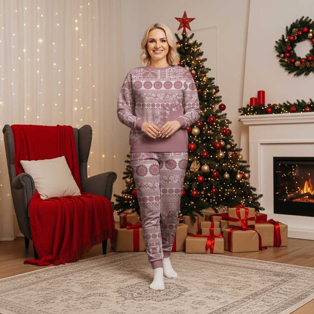 Fiji Marau na Kerisimasi Christmas Pajama Set Dusty Rose Tagimoucia Tapa Masi Tribal - Polynesian Pride