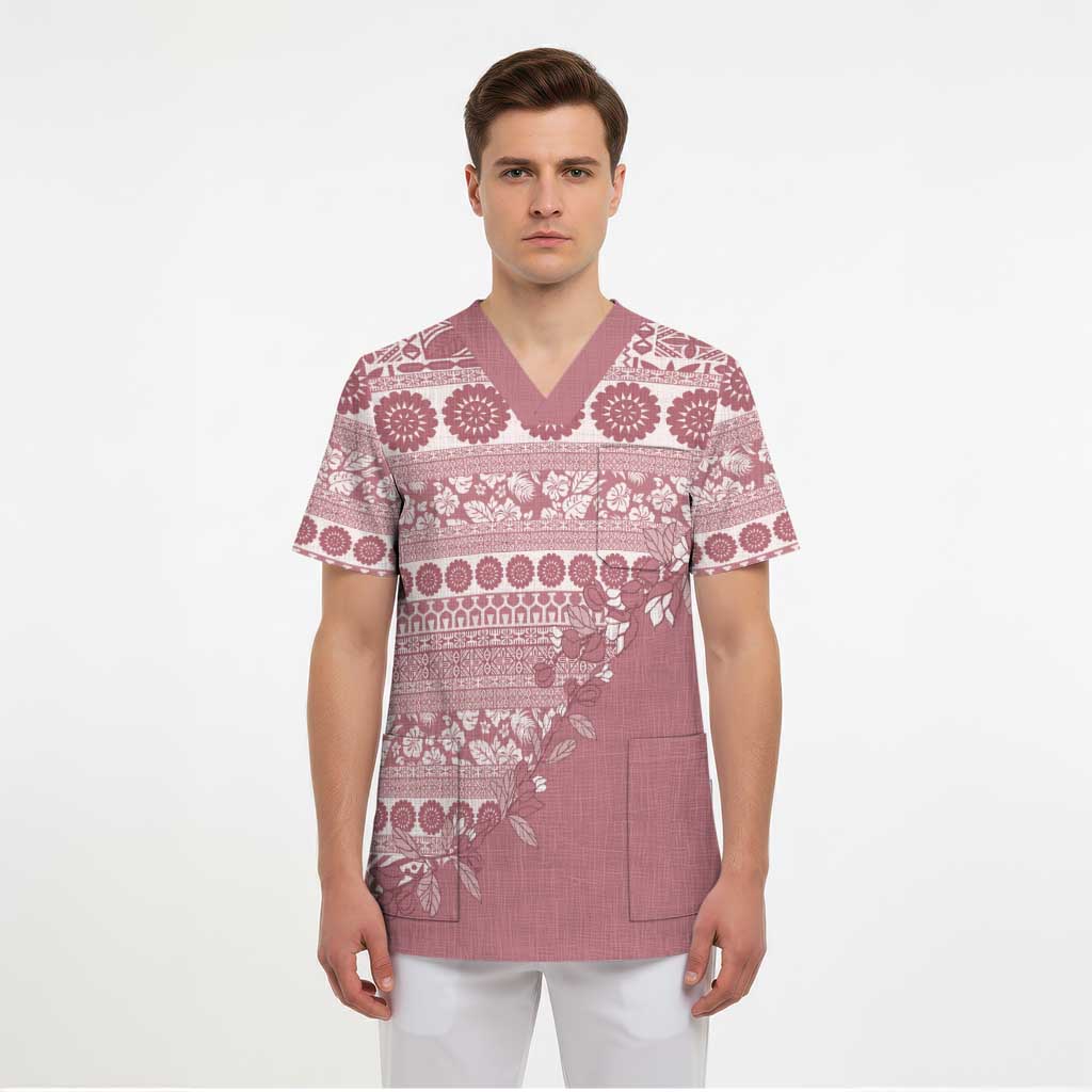 Fiji Marau na Kerisimasi Scrub Top Dusty Rose Tagimoucia Tapa Masi Tribal - Polynesian Pride