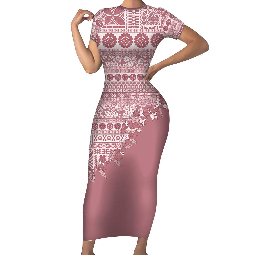 Fiji Marau na Kerisimasi Short Sleeve Bodycon Dress Dusty Rose Tagimoucia Tapa Masi Tribal - Polynesian Pride