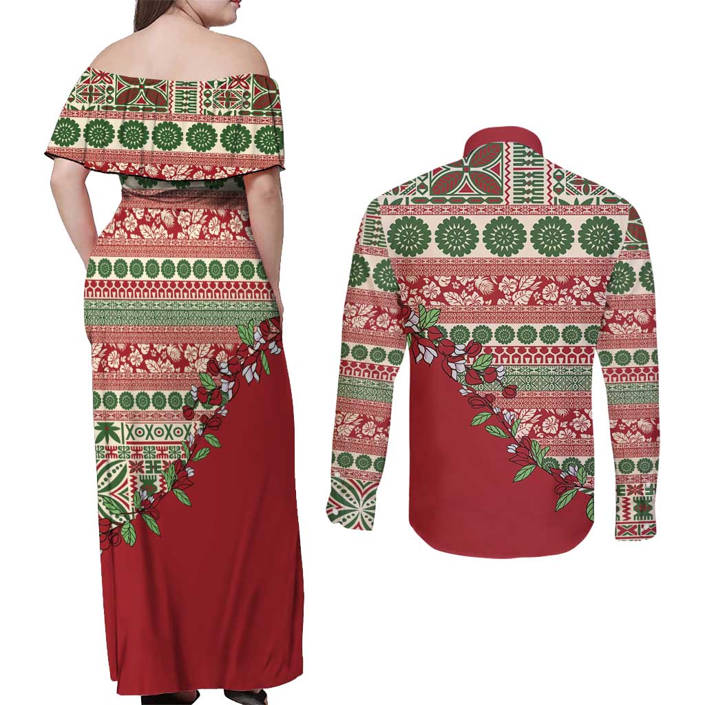 Fiji Marau na Kerisimasi Couples Matching Off Shoulder Maxi Dress and Long Sleeve Button Shirt Red Tagimoucia Tapa Masi Tribal - Polynesian Pride