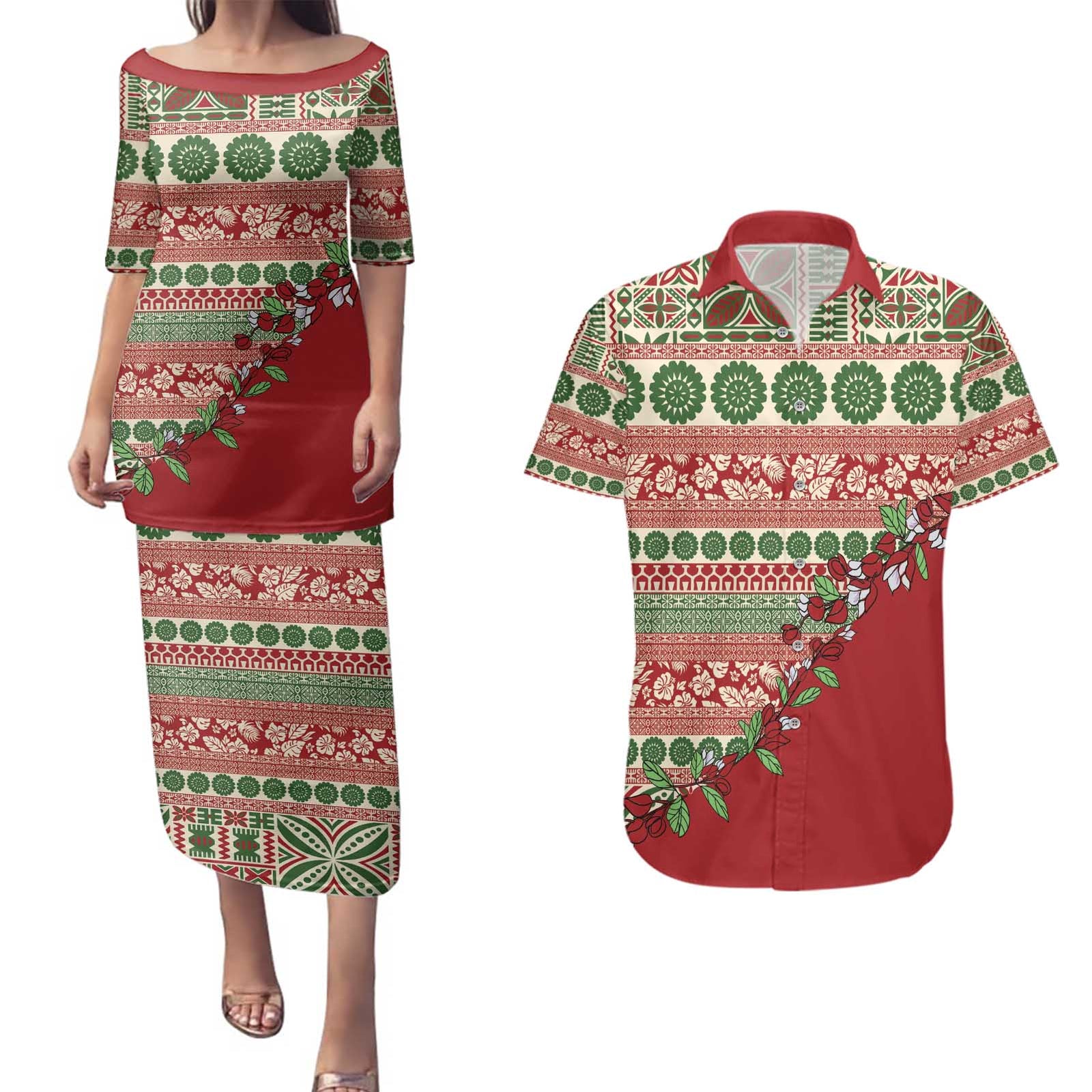Fiji Marau na Kerisimasi Couples Matching Puletasi and Hawaiian Shirt Red Tagimoucia Tapa Masi Tribal - Polynesian Pride