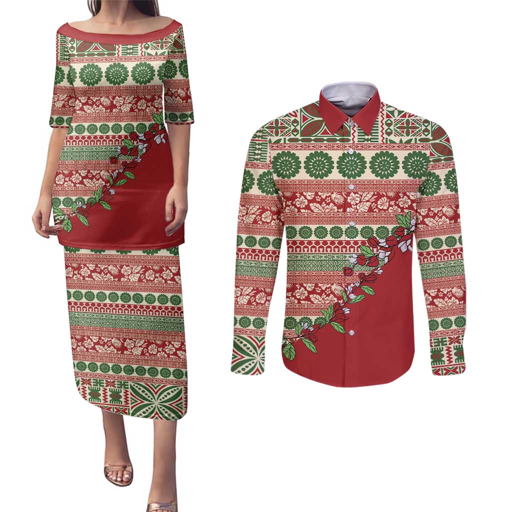 Fiji Marau na Kerisimasi Couples Matching Puletasi and Long Sleeve Button Shirt Red Tagimoucia Tapa Masi Tribal - Polynesian Pride