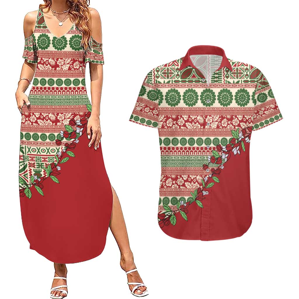 Fiji Marau na Kerisimasi Couples Matching Summer Maxi Dress and Hawaiian Shirt Red Tagimoucia Tapa Masi Tribal - Polynesian Pride