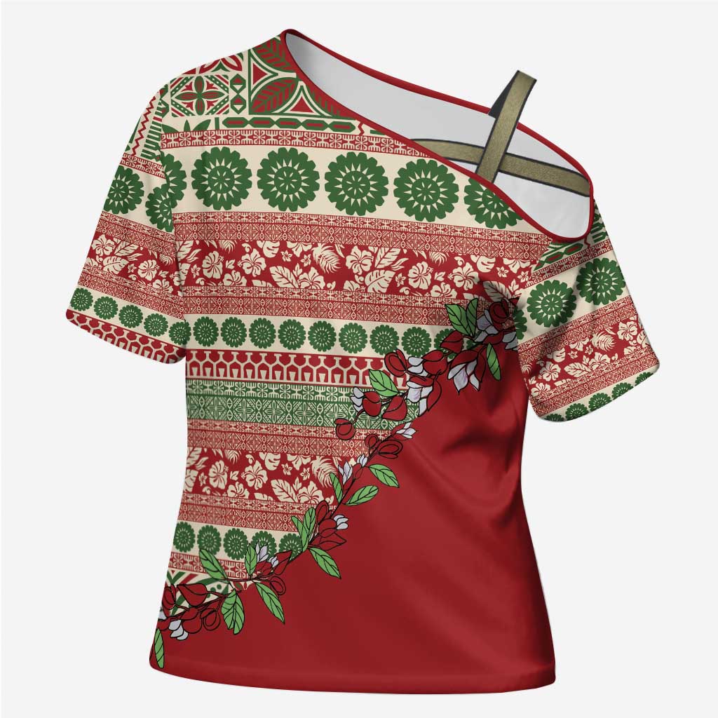 Fiji Marau na Kerisimasi Cross Shoulder Shirt Red Tagimoucia Tapa Masi Tribal - Polynesian Pride