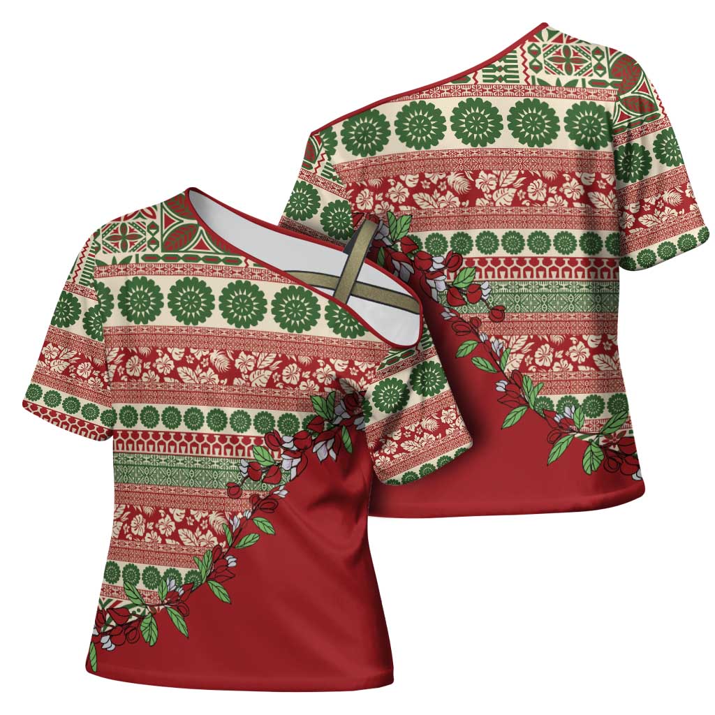 Fiji Marau na Kerisimasi Cross Shoulder Shirt Red Tagimoucia Tapa Masi Tribal - Polynesian Pride