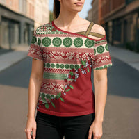 Fiji Marau na Kerisimasi Cross Shoulder Shirt Red Tagimoucia Tapa Masi Tribal - Polynesian Pride