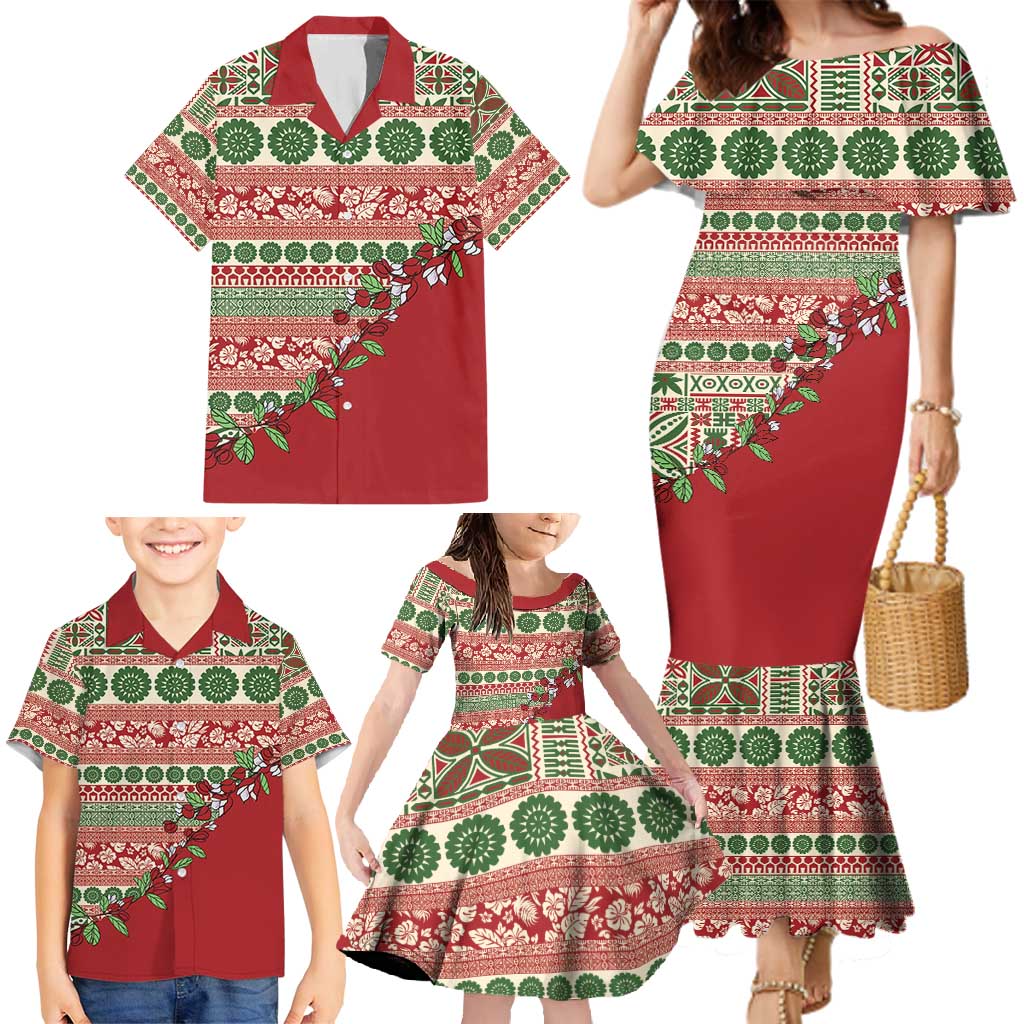 Fiji Marau na Kerisimasi Family Matching Mermaid Dress and Hawaiian Shirt Red Tagimoucia Tapa Masi Tribal - Polynesian Pride