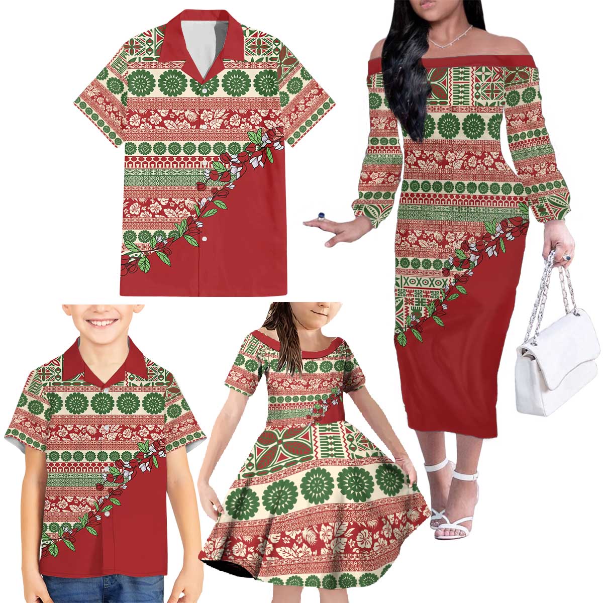 Fiji Marau na Kerisimasi Family Matching Off The Shoulder Long Sleeve Dress and Hawaiian Shirt Red Tagimoucia Tapa Masi Tribal - Polynesian Pride