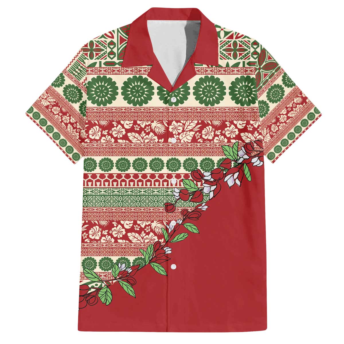Fiji Marau na Kerisimasi Family Matching Off The Shoulder Long Sleeve Dress and Hawaiian Shirt Red Tagimoucia Tapa Masi Tribal - Polynesian Pride