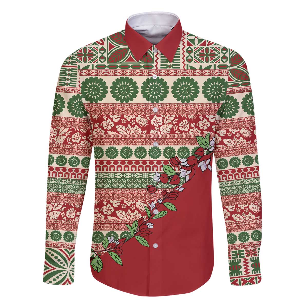 Fiji Marau na Kerisimasi Family Matching Off The Shoulder Long Sleeve Dress and Hawaiian Shirt Red Tagimoucia Tapa Masi Tribal - Polynesian Pride