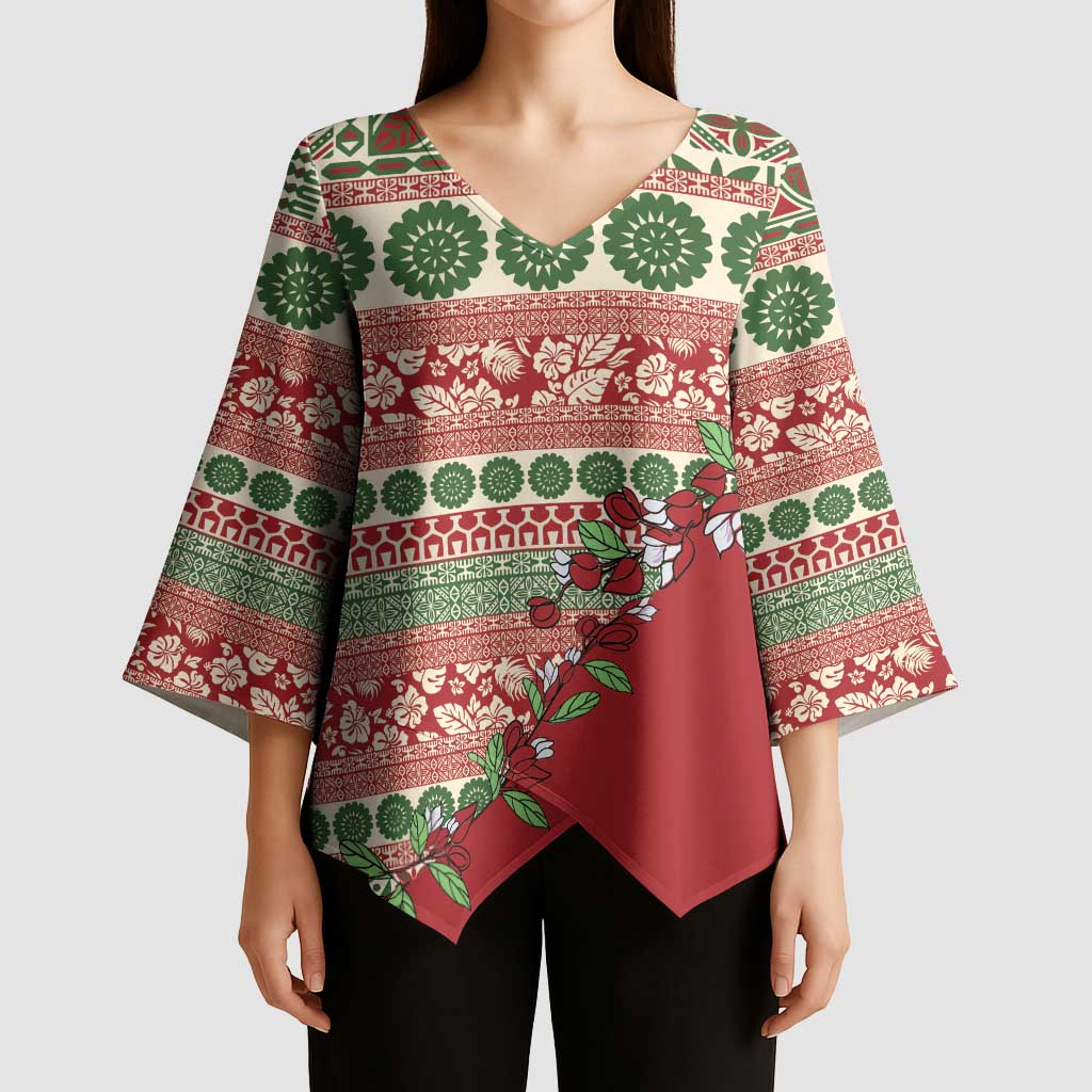 Fiji Marau na Kerisimasi Kimono Sleeve Blouse Red Tagimoucia Tapa Masi Tribal - Polynesian Pride