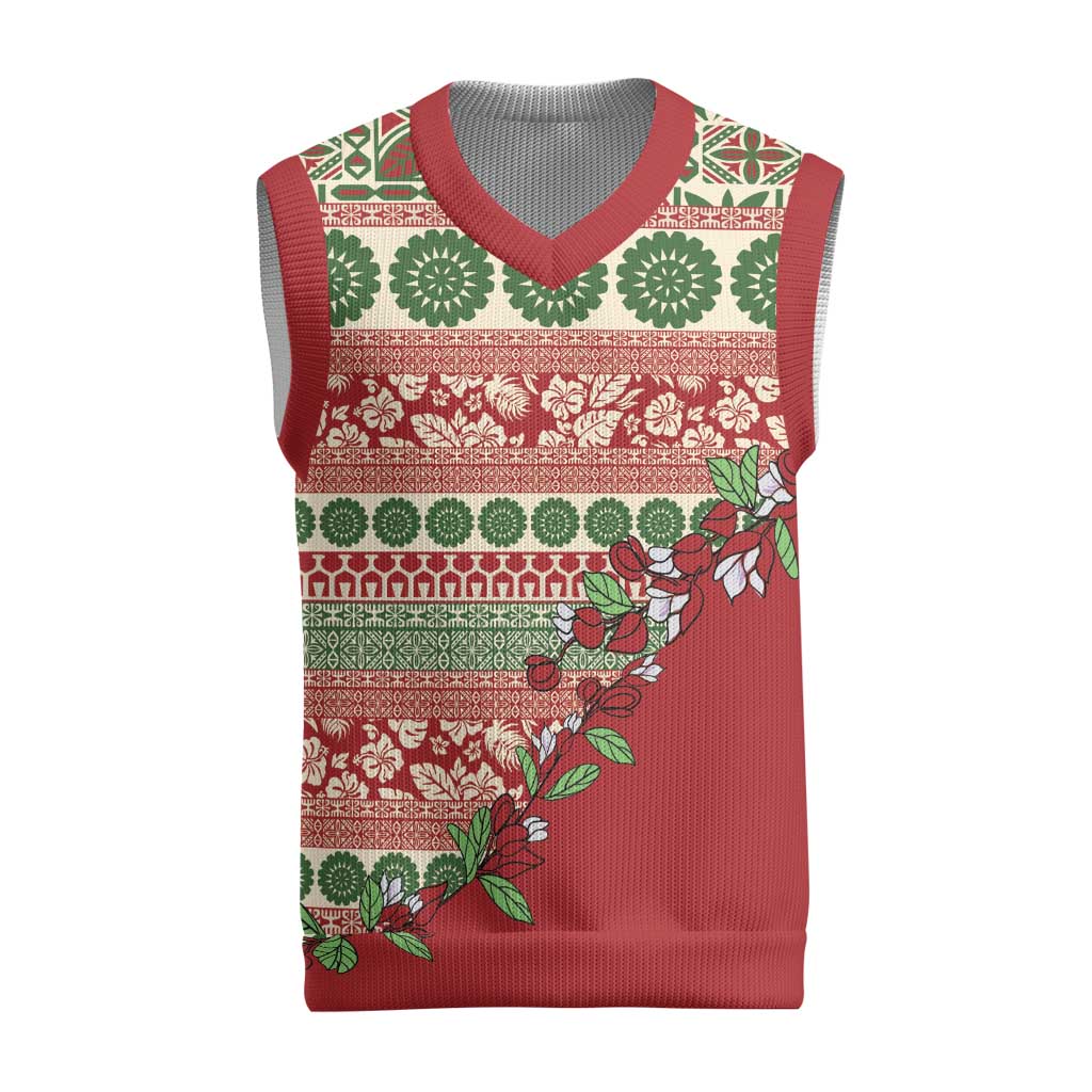 Fiji Marau na Kerisimasi Christmas Knitted V-Neck Vest Red Tagimoucia Tapa Masi Tribal - Polynesian Pride