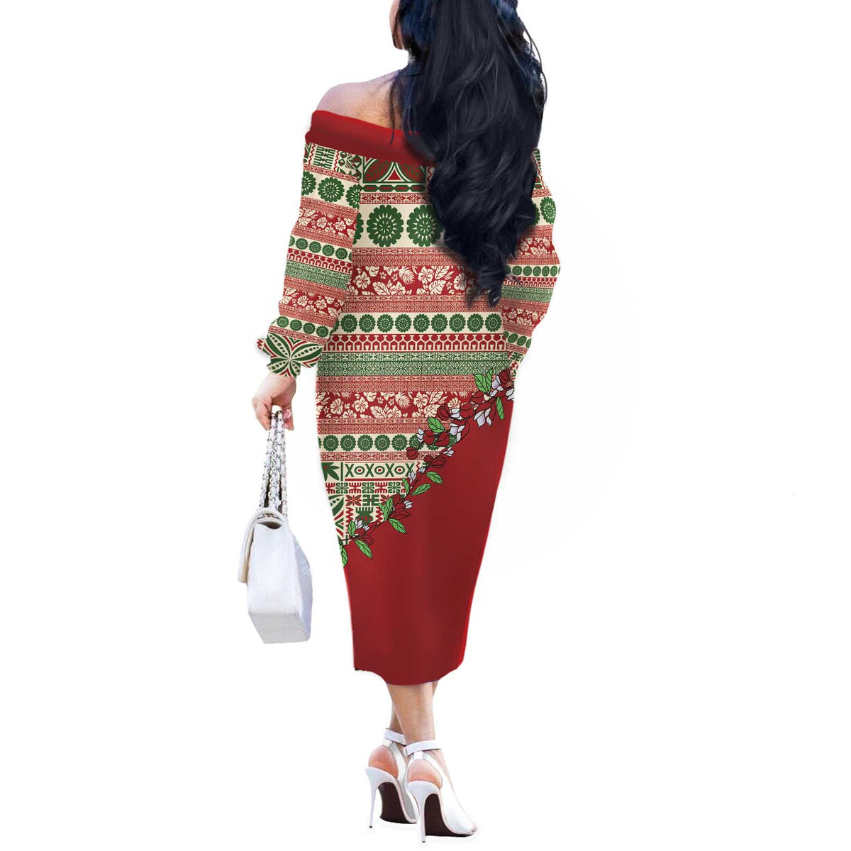 Fiji Marau na Kerisimasi Off The Shoulder Long Sleeve Dress Red Tagimoucia Tapa Masi Tribal - Polynesian Pride