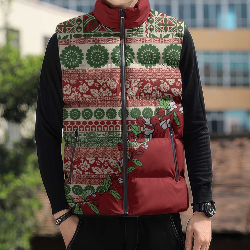 Fiji Marau na Kerisimasi Sleeveless Puffer Jacket Red Tagimoucia Tapa Masi Tribal - Polynesian Pride