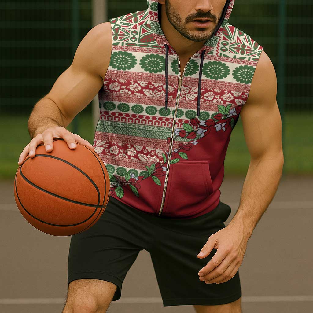 Fiji Marau na Kerisimasi Sleeveless Zip Hoodie Red Tagimoucia Tapa Masi Tribal - Polynesian Pride