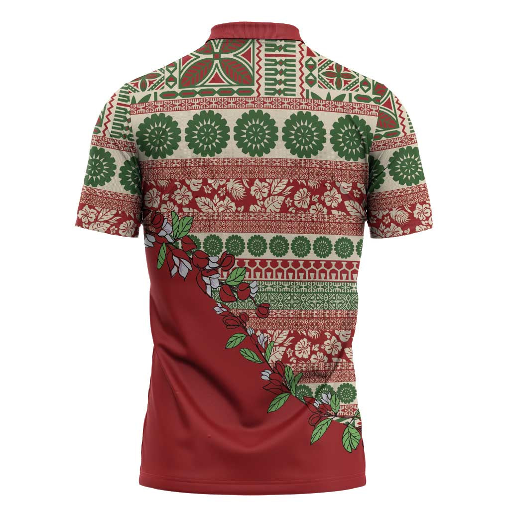 Fiji Marau na Kerisimasi Zipper Polo Shirt Red Tagimoucia Tapa Masi Tribal - Polynesian Pride