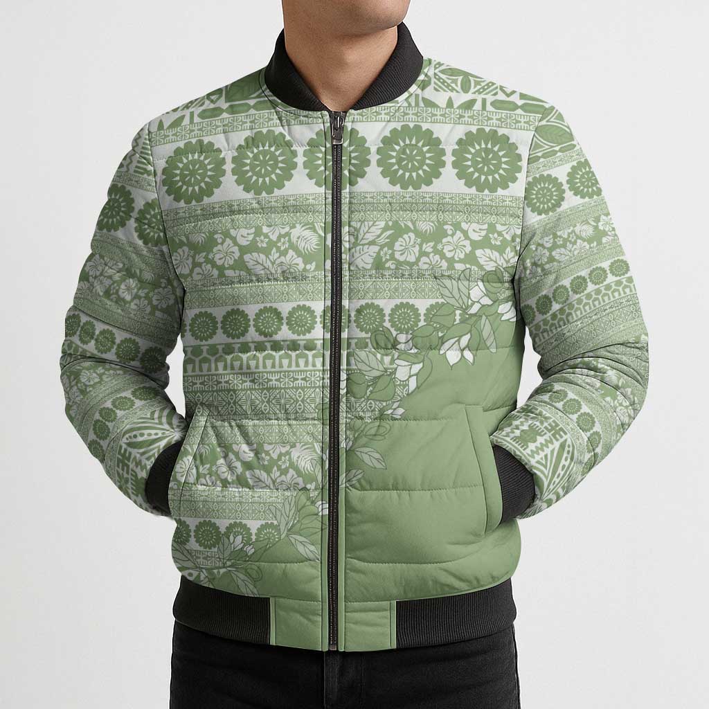 Fiji Marau na Kerisimasi Bomber Puffer Jacket Sage Green Tagimoucia Tapa Masi Tribal - Polynesian Pride