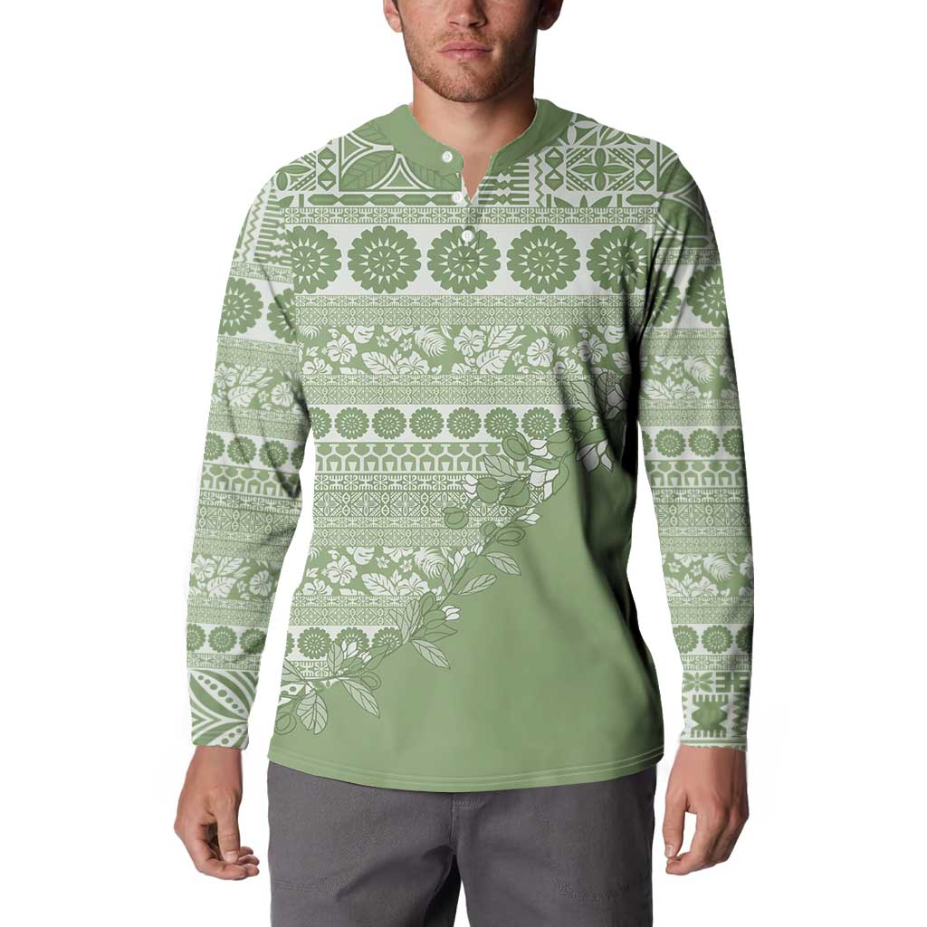 Fiji Marau na Kerisimasi Button Sweatshirt Sage Green Tagimoucia Tapa Masi Tribal - Polynesian Pride