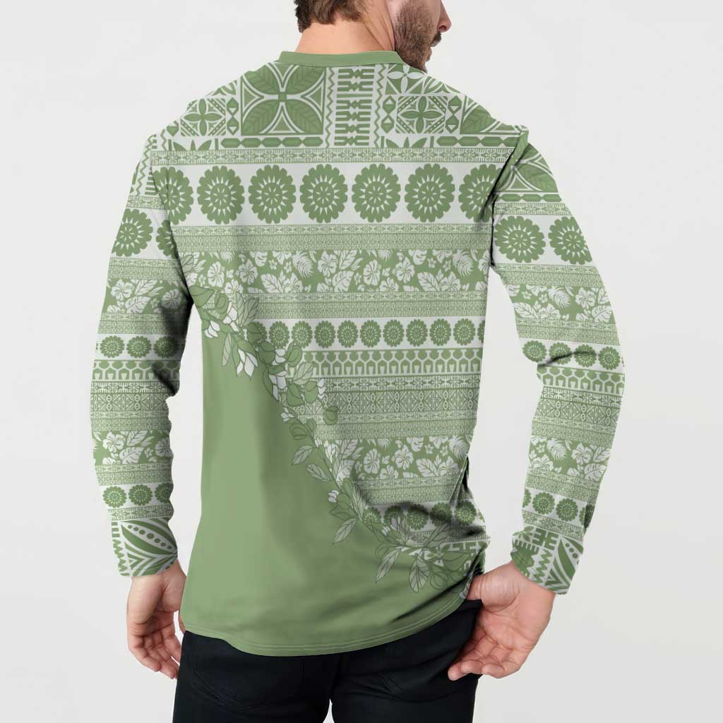 Fiji Marau na Kerisimasi Button Sweatshirt Sage Green Tagimoucia Tapa Masi Tribal - Polynesian Pride